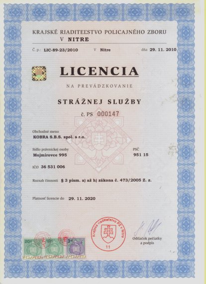 Licencia na prevádzkovanie Strážnej služby
